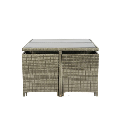 9 PCS Indoor Outdoor Wicker Dining Set Furniture, Patio Rattan Furniture Set with Glass Tabletop and Stackable Armrest Chairs, All Weather Wicker Sectional Conversation Set with Cushions