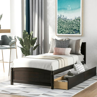 Twin Bed Frame with Drawers, Kids Platform Twin Bed with Storage, Solid Wood Bed Frame Mattress Foundation, Kids Bed Frame with Solid Pine Wood Headboard, No Box Spring Needed, SS932