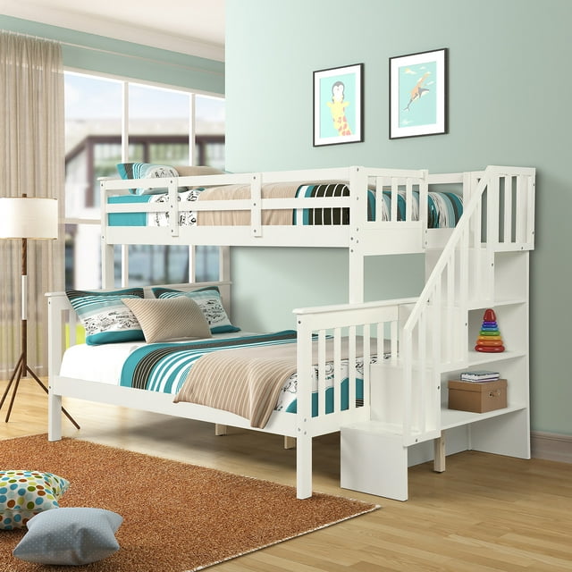 Twin-Over-Full Bunk Bed Clearance, 76.97'' x 51.57'' Space Saving Design Sleeping Bedroom Furniture w/Solid Wood Bunk Bed, Ladder and Safety Rail for Boys & Girls, 250lbs, White, S1926