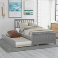 Twin Size Platform Bed, Elegant Kids Wood Bed Frame with Twin Trundle, Minimalistic Wood Platform Bed with Solid Pine Wood Headboard, Wood Slat Support Mattress Foundation, Twin, Grey, SS1093