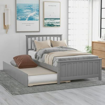 Twin Size Platform Bed, Elegant Kids Wood Bed Frame with Twin Trundle, Minimalistic Wood Platform Bed with Solid Pine Wood Headboard, Wood Slat Support Mattress Foundation, Twin, Grey, SS1093