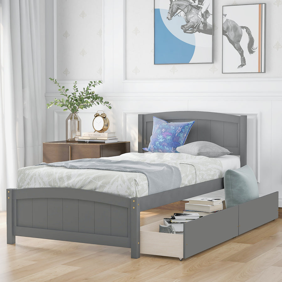 Twin Wood Bed Frame, Kids Platform Twin Bed with 2 Storage Drawers and Headboard, Platform Bed Frame Mattress Foundation with Wood Slat Support for Kids, Teens, White, SS914