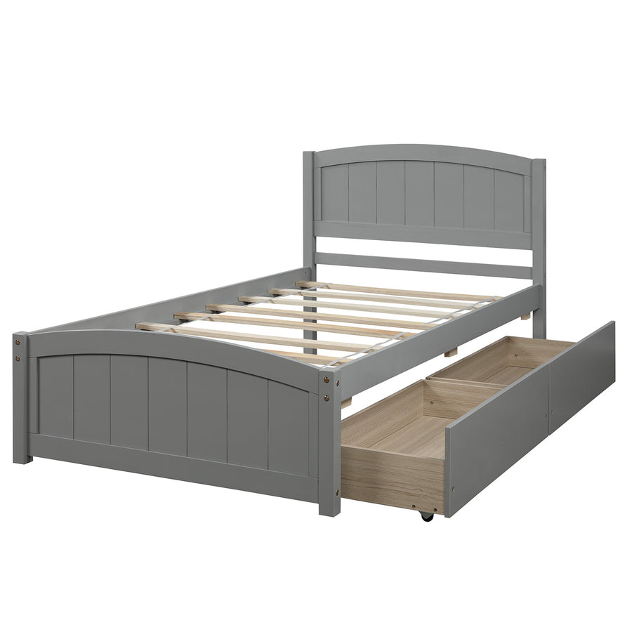 Twin Wood Bed Frame, Kids Platform Twin Bed with 2 Storage Drawers and Headboard, Platform Bed Frame Mattress Foundation with Wood Slat Support for Kids, Teens, White, SS914