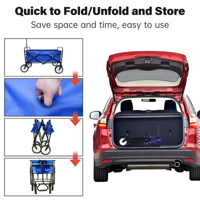 Segmart Folding Wagon Camp Cart, Outdoor Beach Wagon with Adjustable Handle & 2 Mesh Cup Holders, Utility Wagon Perfect for Camping, Beach, 150lbs, Blue, S10484