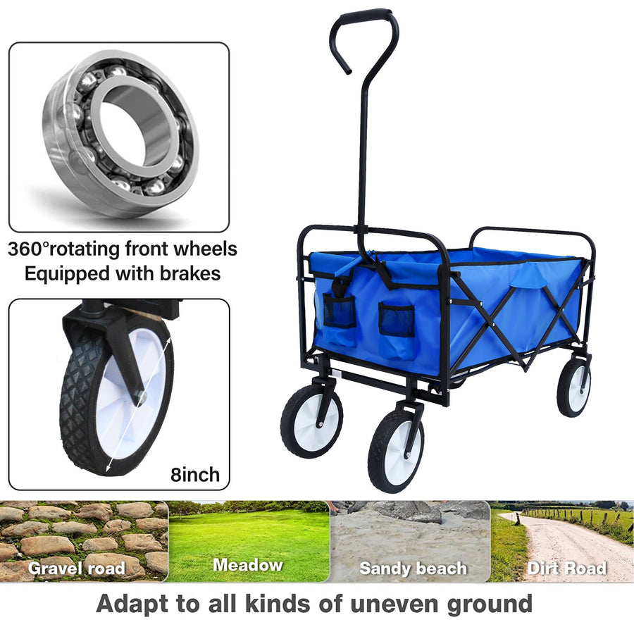 Collapsible Rolling Wagon Utility Cart w/ Wheels, 40.5"x21"x46.5" Folding Utility Canopy Wagon w/Adjustable Handle, 2 Mesh Cup Holders, for Outdoor, Beaches, Gardens, Parks, Shopping, S10483