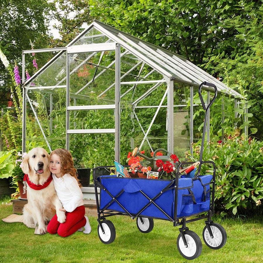 Collapsible Rolling Wagon Utility Cart w/ Wheels, 40.5"x21"x46.5" Folding Utility Canopy Wagon w/Adjustable Handle, 2 Mesh Cup Holders, for Outdoor, Beaches, Gardens, Parks, Shopping, S10483