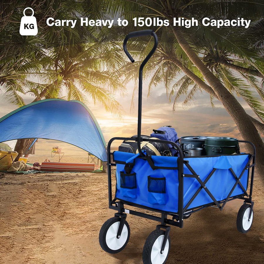Collapsible Folding Utility Wagon Cart with Wheels for Kids, Collapsible Folding Outdoor Beach Wagon w/adjustable handle, Beach Wagon for Camping, Concerts, Sporting Events, Beach, Blue, S10480