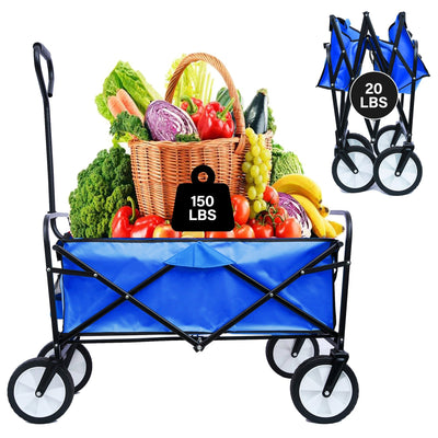 Segmart Folding Wagon Camp Cart, Outdoor Beach Wagon with Adjustable Handle & 2 Mesh Cup Holders, Utility Wagon Perfect for Camping, Beach, 150lbs, Blue, S10484