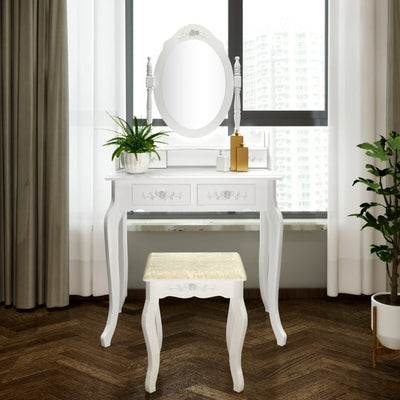 White Vanity Table for Teen Girls, 29.5''x 15.7'' x 56" Makeup Vanity Set with Cushioned Stool, 4-Drawer, 360-Degree Rotation Removable Top with Single Mirror for Teen Girls Bedroom, S9184