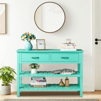Wood Sideboard Console Table with Drawers, Buffet Sideboard Desk w/2 Cabinets and Bottom Shelf, Retro Tall Console Table Entryway Table Accent Table for Entryway, Blue, 99lbs, S5344