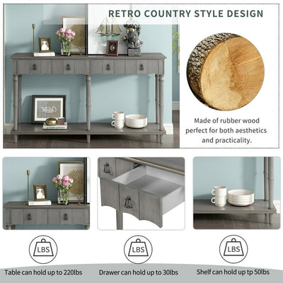 Console Sofa Table with 4 Drawers, 59'' x 15'' x 33'' Wood Buffet Sideboard Desk w/Bottom Shelf, Retro Tall Entryway Table w/ MDF panel for Kitchen Dining Room Cupboard, 220lbs, Grey, S9912