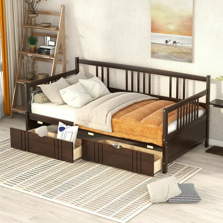 Twin Daybed Bed, SEGMART Captain Sofa Bed with 2 Storage Drawers, Wood Twin Daybed Bed with 10 Slats Strong Support, Farmhouse Style Solid Wood Bedframe for Kid's Room, Teens, Espresso, SS2660