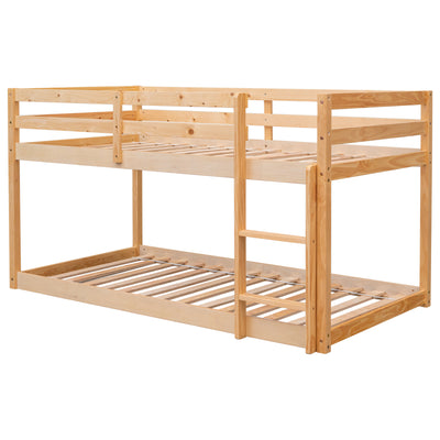 SEGMART Twin Over Twin Floor Bunk Beds with Safety Ladder and Guardrail, 400lbs Heavy Duty Solid Wood Low Bunk Bed Mattress Foundation for Boys Girls, Space-Saving Bedroom Dorm Furniture, Nature