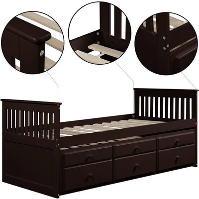 Trundle Bed for Kid's Room, Twin Captain's Bed with Trundle and 3 Storage Drawers, Solid Wood Daybed with Headboard and Footboard for Bedroom, Teens, 300lbs, Espresso, SS2593