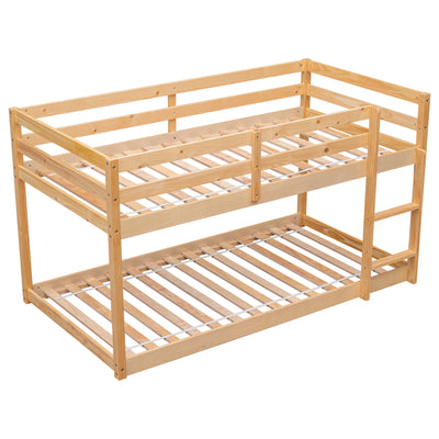 SEGMART Twin Over Twin Floor Bunk Beds with Safety Ladder and Guardrail, 400lbs Heavy Duty Solid Wood Low Bunk Bed Mattress Foundation for Boys Girls, Space-Saving Bedroom Dorm Furniture, Nature
