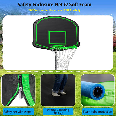 EGMART Trampoline for Kids, New Upgraded 16 Feet Outdoor Trampoline with Safety Enclosure Net, Basketball Hoop and Ladder, Heavy-Duty Green Round Trampoline for Outdoor Backyard, Capacity 330lbs, L