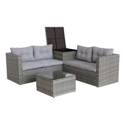 SEGMART Patio Furniture Sets, 4 Piece Patio Furniture Sets with Loveseat Sofa, Storage Box, Tempered Glass Coffee Table, All-Weather Patio Sectional Sofa Set with Cushions for Backyard Garden Pool