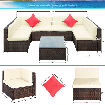 Segmart 7 Piece Patio Furniture Set, 6 Rattan Wicker Chairs with Glass Dining Table, All-Weather Outdoor Conversation Set with Cushions for Backyard, Porch, Garden, Poolside, LLL866