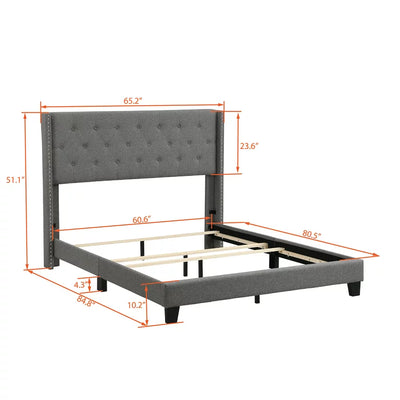Upholstered Platform Queen Bed Frame, Grey Button Tufted Platform Queen Bed Frame with Headboard, Linen Fabric Bed Frame with Wood Slat Support, Box Spring Needed, Easy Assembly, 500lbs, Grey, SS11