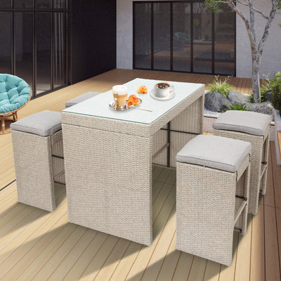 5-Piece Outdoor Patio Bar Set, Rattan Wicker Counter Height Dining Table Set, SEGMART Patio Dining Furniture set with Glass Table Top and 4 Stools for Backyard, Garden, Poolside, Brown