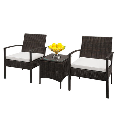 3 Piece Wicker Patio Set, Outdoor Patio Furniture Sets with Glass Dining Table, Modern Bistro Patio Set Rattan Chair Conversation Sets with Coffee Table for Backyard, Porch, Garden, Poolside,L4775