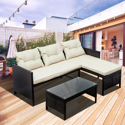 Patio Dining Sets Clearance, 3 Piece Patio Furniture Sets with PE Rattan Loveseat Sofa, Glass Coffee Table, All-Weather Patio Sectional Sofa Set with Lounge for Backyard, Porch, Garden, Pool, LLL238