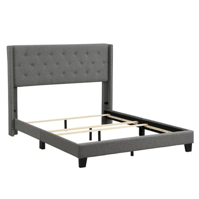 Upholstered Platform Queen Bed Frame, Grey Button Tufted Platform Queen Bed Frame with Headboard, Linen Fabric Bed Frame with Wood Slat Support, Box Spring Needed, Easy Assembly, 500lbs, Grey, SS11