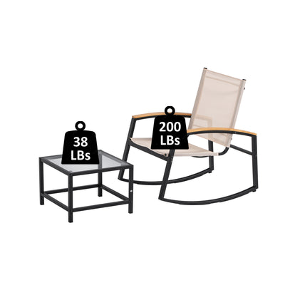 3-Piece Outdoor Patio Bistro Set, Patio Furniture Sets with 2 Rocking Metal Chairs and Glass Coffee Table, Textilene Fabric Small Patio Furniture Set for Yard, Garden, Balcony, Poolside