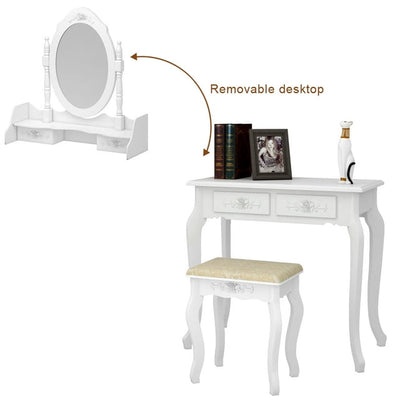 White Vanity Table for Teen Girls, 29.5''x 15.7'' x 56" Makeup Vanity Set with Cushioned Stool, 4-Drawer, 360-Degree Rotation Removable Top with Single Mirror for Teen Girls Bedroom, S9184