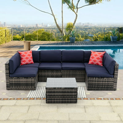 7 Piece Patio Furniture Set, 6 Rattan Wicker Chairs with Coffee Table, Outdoor Conversation Set with Cushions for Backyard, Porch, Garden, Poolside, LLL830