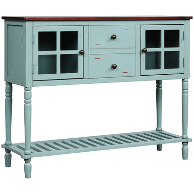 Console Table with 2 Drawers and 2 Glass Cabinet, Wood Buffet Sideboard Desk with Bottom Shelf, Retro Tall Console Table Entryway Accent Table, 114lbs, Retro Blue, S6775