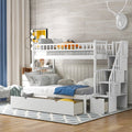 Kids Loft Beds, Twin Over Full Bunk Bed with Stairs and Guard Rail, Solid Wood Convertible Bunk Bed Frame with Trundle and Storage Drawers, Easy Assembly, No Spring Box Needed, White, SS836