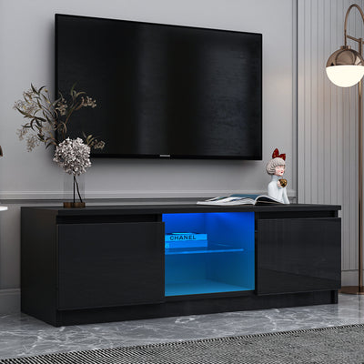 Television Stands for TVs up to 55'', Modern Gloss Entertainment Center with LED Lights, Media Console Table Storage Desk with Drawer and Open Shelves for Up to 55 Inch TV, Black, S9816