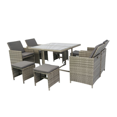 9 PCS Indoor Outdoor Wicker Dining Set Furniture, Patio Rattan Furniture Set with Glass Tabletop and Stackable Armrest Chairs, All Weather Wicker Sectional Conversation Set with Cushions
