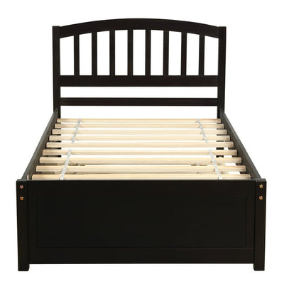 Twin Size Platform Bed, Elegant Kids Wood Bed Frame with Twin Trundle, Minimalistic Wood Platform Bed with Solid Pine Wood Headboard, Wood Slat Support Mattress Foundation, Twin, Espresso, SS1133