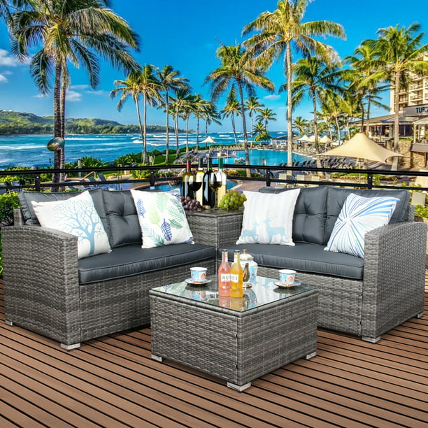 Outdoor Wicker Furniture Sets, 4 Piece Patio Sofa Set with Loveseat Sofa, Storage Box, Tempered Glass Coffee Table, All-Weather Outdoor Conversation Set with Cushions for Backyard Garden Pool, L4986