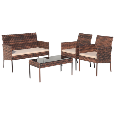 Rattan Wicker Patio Set, SEGMART 4 Piece All-Weather Outdoor Conversation Set with Glass Top Table, Loveseat, Cushioned Chairs, Modern Patio Furniture Set for Yard, Porch, Garden, Poolside, Brown