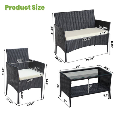 SEGMART Wicker Patio Sets, 4 Piece Outdoor Conversation Set with Glass Dining Table, Loveseat & 2 Cushioned Chairs, Modern Patio Furniture Sets for Yard, Porch, Garden, Poolside, Beige