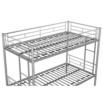 Modern Home Bunk Bed for Kids, Twin Over Twin Loft Bed with Stairs and Guard Rail, Sturdy Metal Bunk Bed Frame, Easy Assembly, No Spring Box Needed, Silver, SS1391