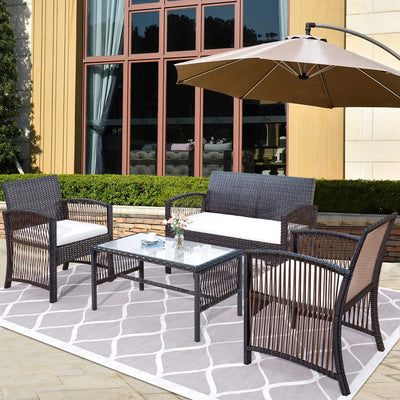 Backyard Outdoor Furniture Sets, Rattan Wicker Bistro Conversation Sets, Garden Backyard Balcony Porch Poolside Armchair Seat Furniture Sets with Soft Cushion and Glass Table, Brown, S704