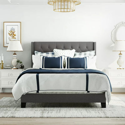 Upholstered Platform Queen Bed Frame, Grey Button Tufted Platform Queen Bed Frame with Headboard, Linen Fabric Bed Frame with Wood Slat Support, Box Spring Needed, Easy Assembly, 500lbs, Grey, SS11