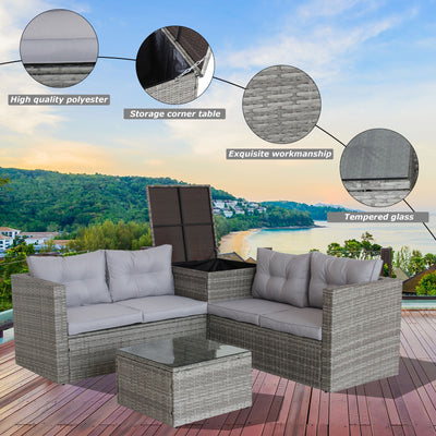SEGMART Patio Furniture Sets, 4 Piece Patio Furniture Sets with Loveseat Sofa, Storage Box, Tempered Glass Coffee Table, All-Weather Patio Sectional Sofa Set with Cushions for Backyard Garden Pool