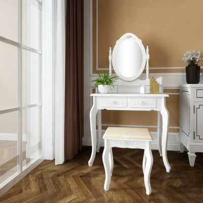 White Vanity Table for Teen Girls, 29.5''x 15.7'' x 56" Makeup Vanity Set with Cushioned Stool, 4-Drawer, 360-Degree Rotation Removable Top with Single Mirror for Teen Girls Bedroom, S9184