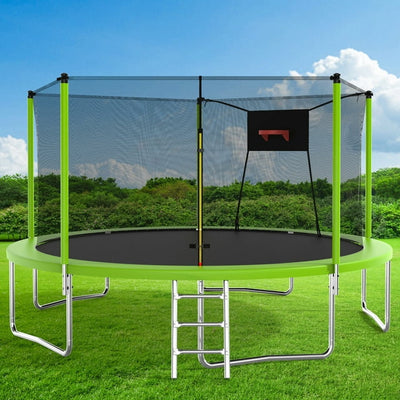 14ft Trampoline with Enclosure on Clearance, New Upgraded Kids Outdoor Trampoline with Basketball Hoop and Ladder, Heavy-Duty Round Outdoor Backyard Bounce Jumper Trampoline for Boys Girls, Green