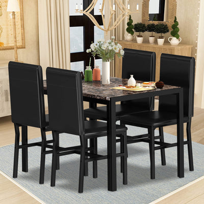 Kitchen Dining Table Set, Metal Kitchen Table Sets with 4 Chairs, Faux Marble Rectangular Breakfast Table w/Metal Legs & Black Finish Frame, Dining Table Sets for an Apartment Breakfast, SS1288