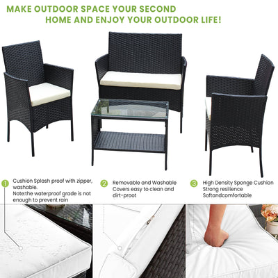 SEGMART Wicker Patio Sets, 4 Piece Outdoor Conversation Set with Glass Dining Table, Loveseat & 2 Cushioned Chairs, Modern Patio Furniture Sets for Yard, Porch, Garden, Poolside, Beige