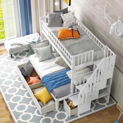 Bunk Beds Twin-Over-Twin, Kids Twin Over Twin Loft Bed with Stairs and Guard Rail, Wood Convertible Bunk Bed Frame with Trundle and Drawers, Easy Assembly, No Spring Box Needed, White, SS814