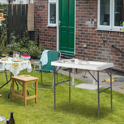 SEGMART Folding Camping Table with Faucet and Dual Water Basins, Outdoor Fish Cleaning Table Sink Station with Sink Faucet and Grill for Picnic, Fishing, 40", White