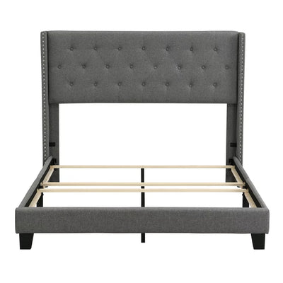 Upholstered Platform Queen Bed Frame, Grey Button Tufted Platform Queen Bed Frame with Headboard, Linen Fabric Bed Frame with Wood Slat Support, Box Spring Needed, Easy Assembly, 500lbs, Grey, SS11