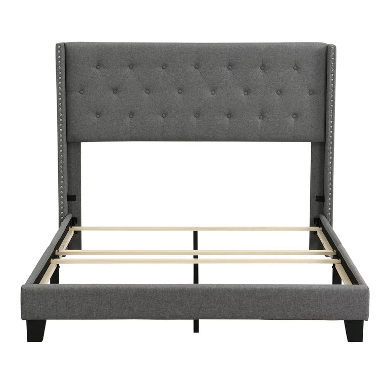Upholstered Platform Queen Bed Frame, Grey Button Tufted Platform Queen Bed Frame with Headboard, Linen Fabric Bed Frame with Wood Slat Support, Box Spring Needed, Easy Assembly, 500lbs, Grey, SS11